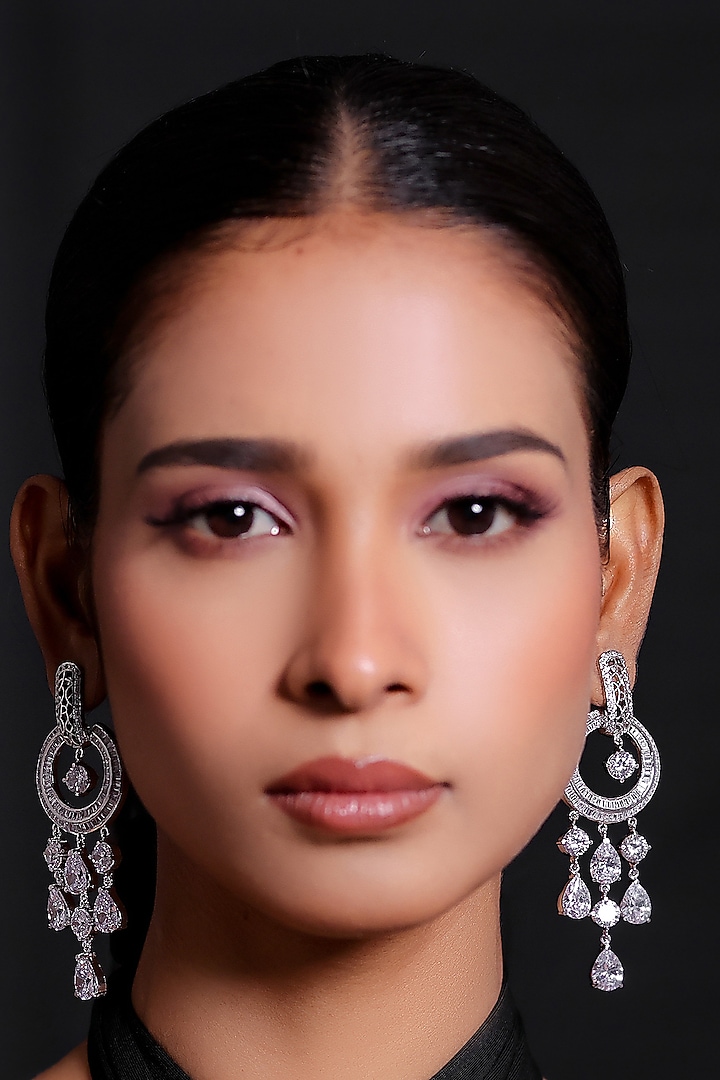 White Finish Zircon Long Earrings by ZAZA BY SOMYA at Pernia's Pop Up Shop