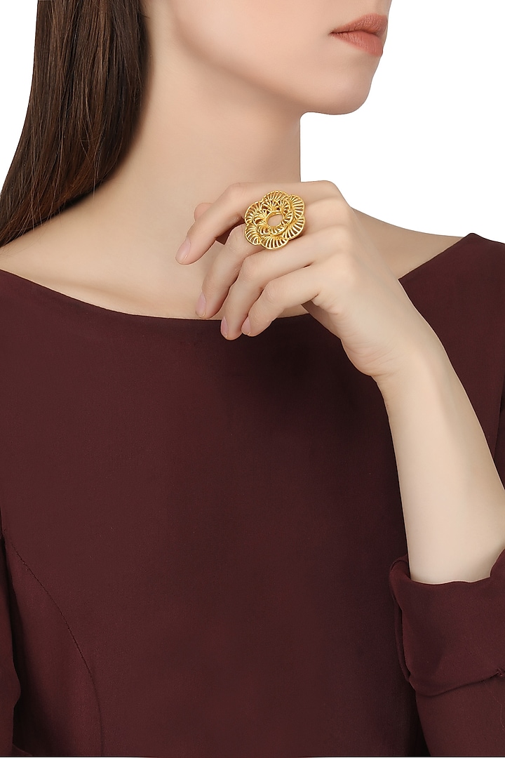 Gold Plated Two Layer Flower Finger Ring by Zariin