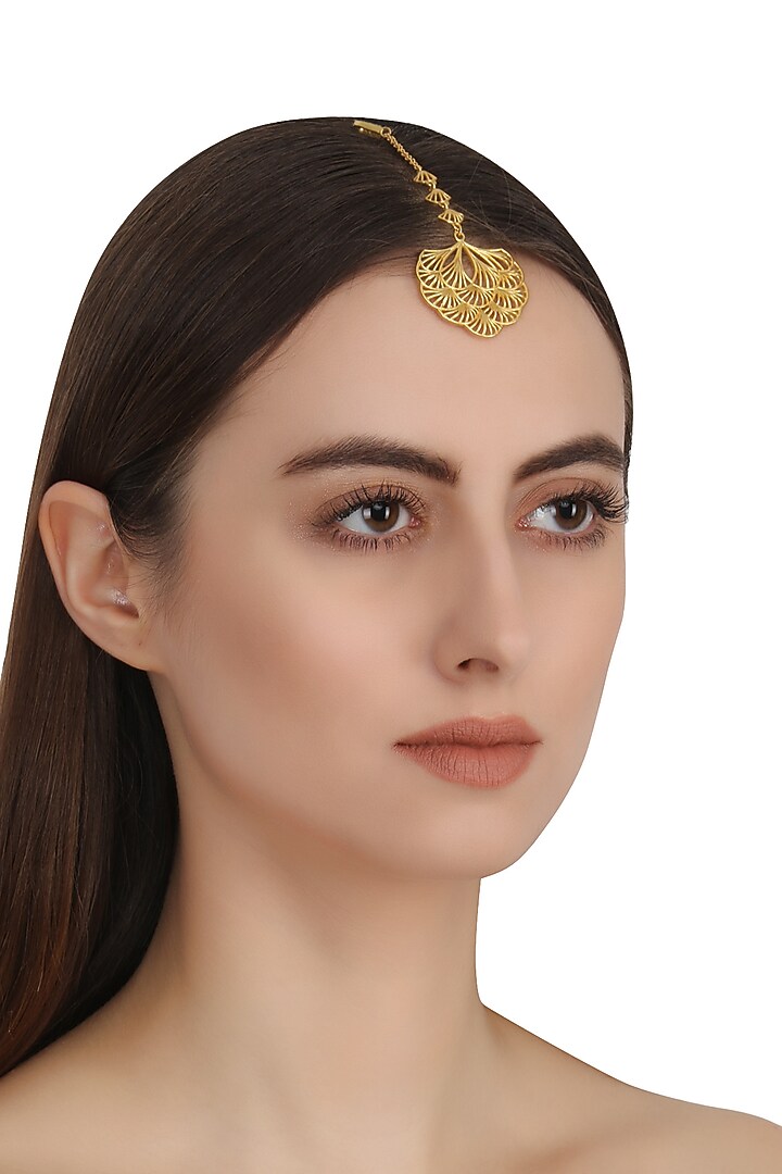 Gold plated multi-layer petal maang tikka available only at Pernia's Pop Up Shop.