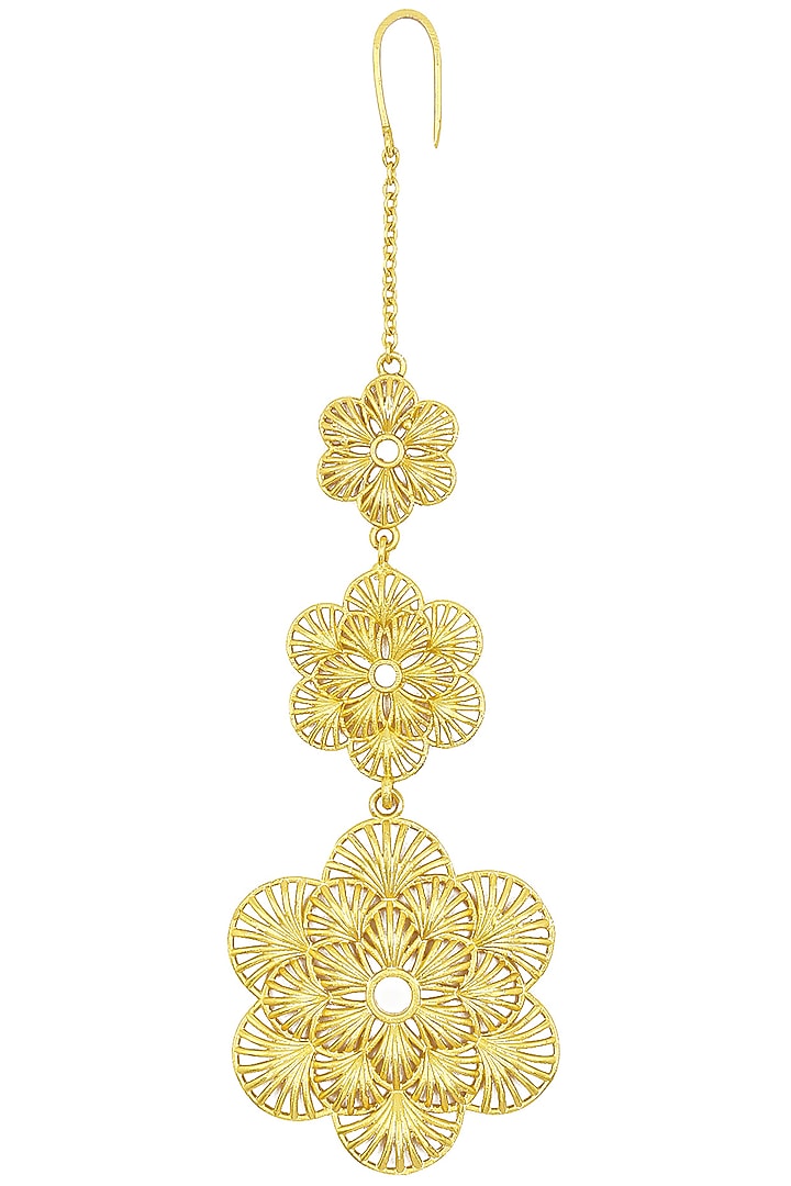 Gold plated three flower drop maang tikka available only at Pernia's Pop Up Shop.
