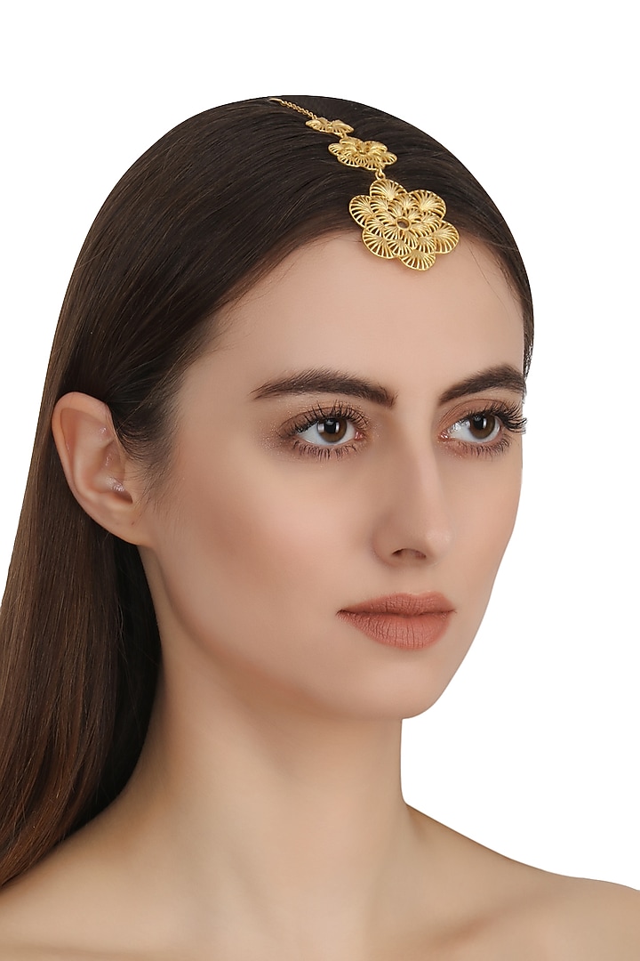Gold plated three flower drop maang tikka available only at Pernia's Pop Up Shop.
