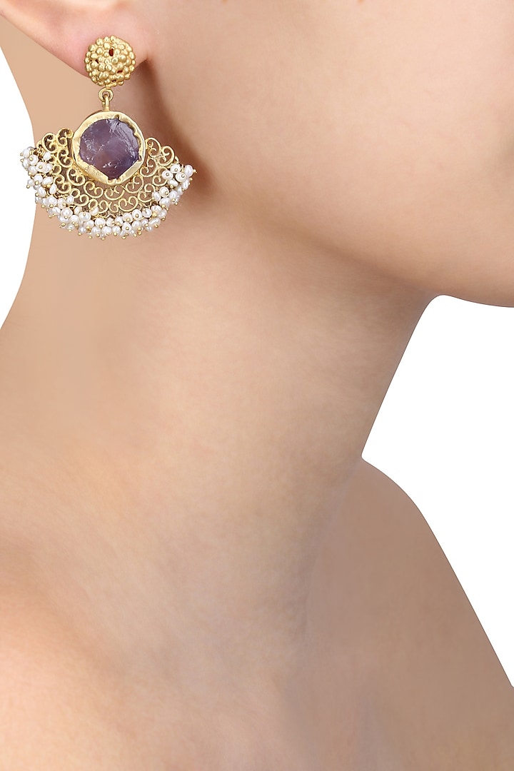 Gold plated amethyst stone and pearl beads earrings by Zariin