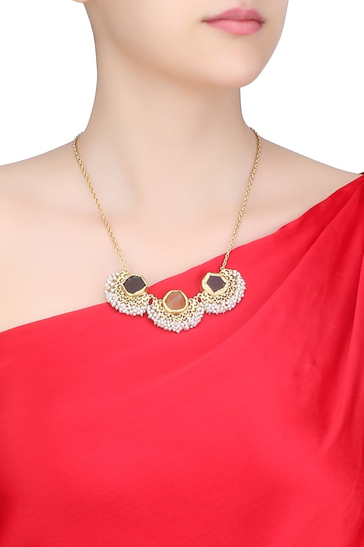 Gold plated citrine, smoky topaz and pearl beads necklace by Zariin