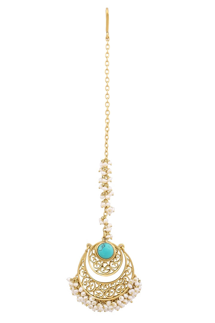 Zariin presents Gold plated turquoise and pearl beads filigree maang tikka available only at Pernia's Pop Up Shop.