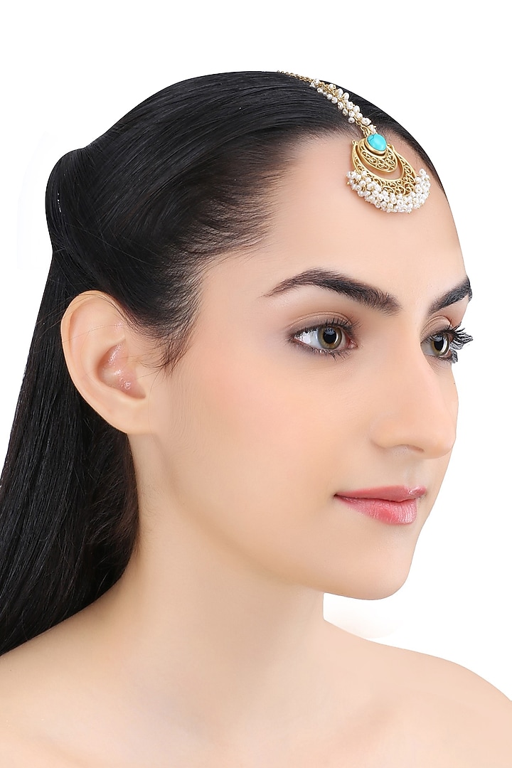 Zariin presents Gold plated turquoise and pearl beads filigree maang tikka available only at Pernia's Pop Up Shop.