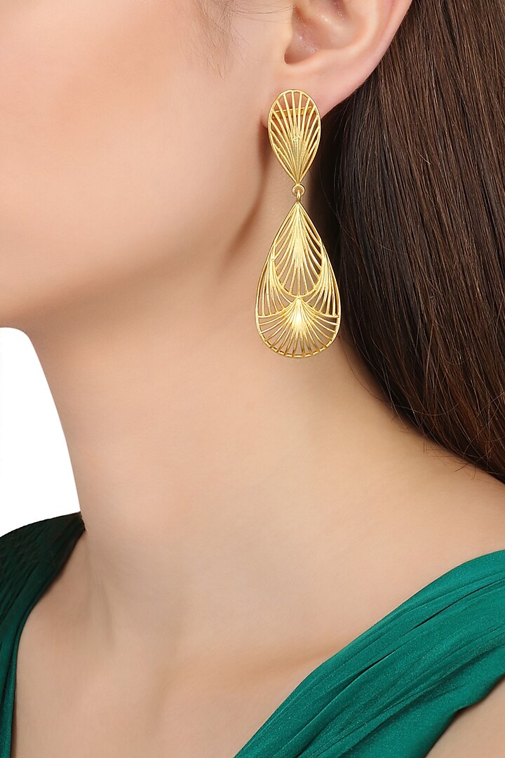 Gold Plated Two Drop Petal Earrings by Zariin