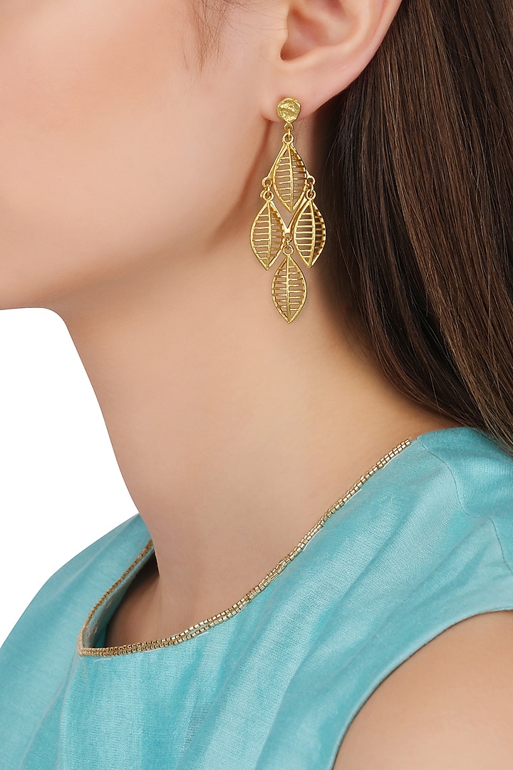 Gold Plated Leaf Drop Earrings by Zariin