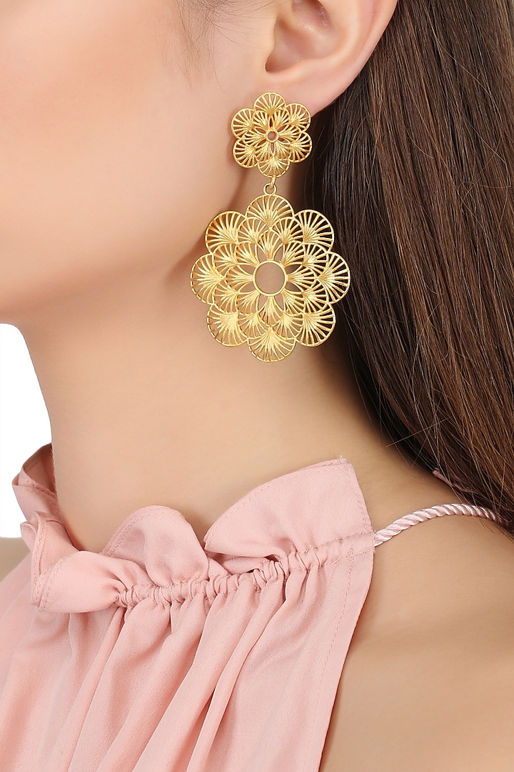 Gold Plated Two Drop Flower Earrings by Zariin