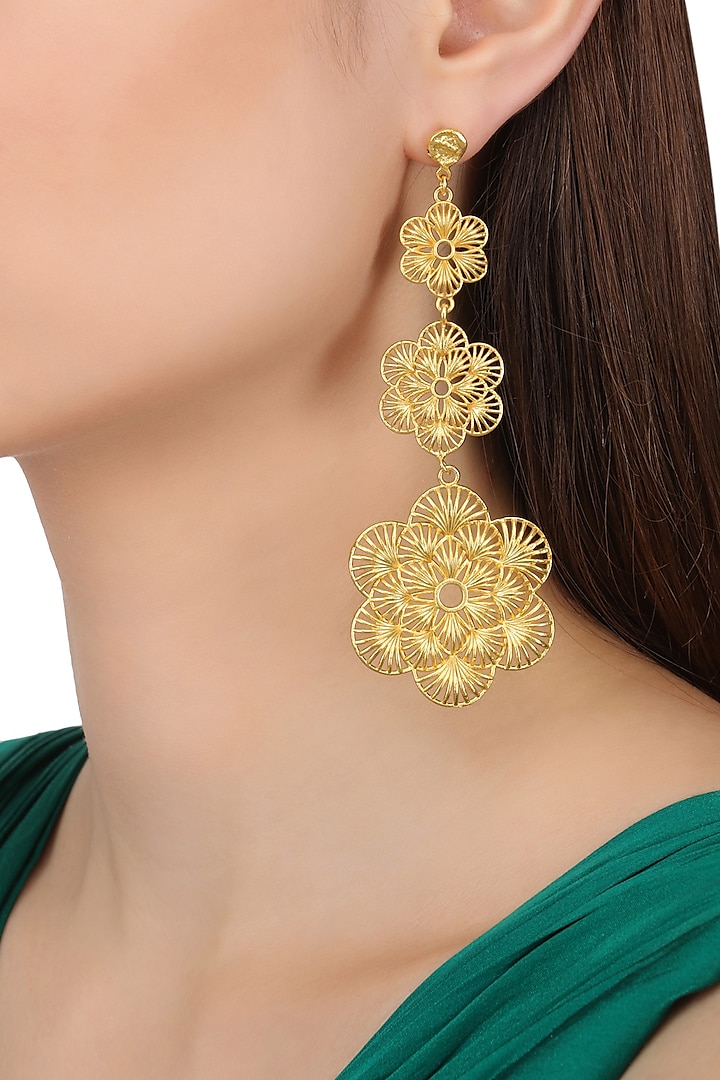 Gold Plated Three Drop Flower Earrings by Zariin