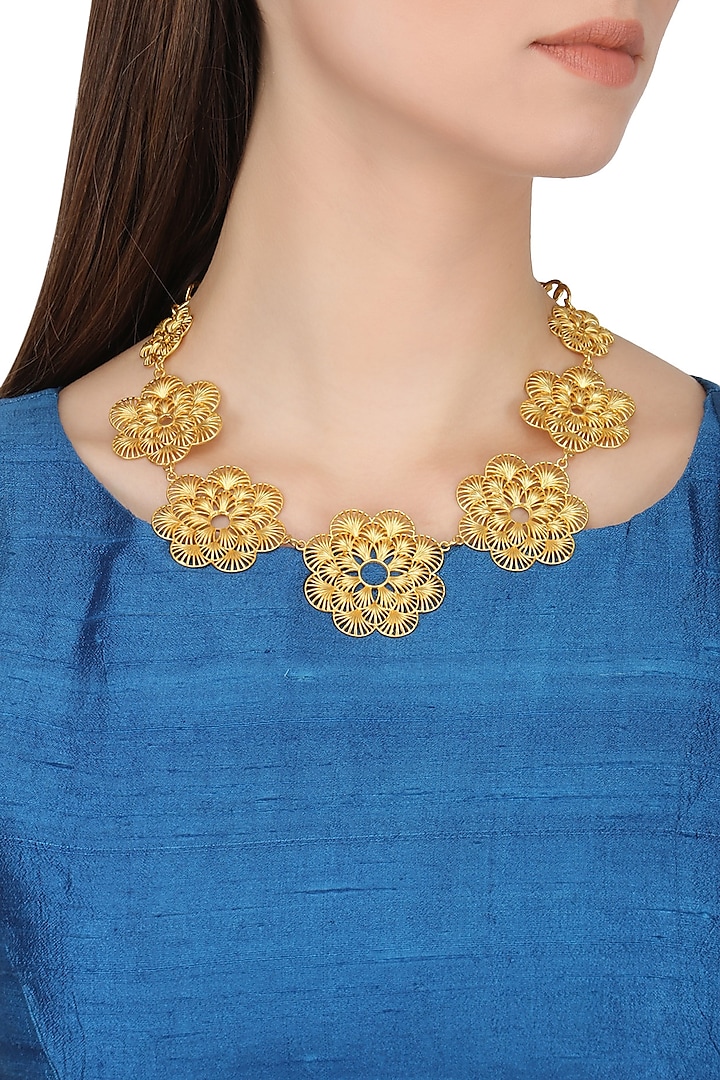 Gold Plated Multi-Layered Flower Necklace by Zariin