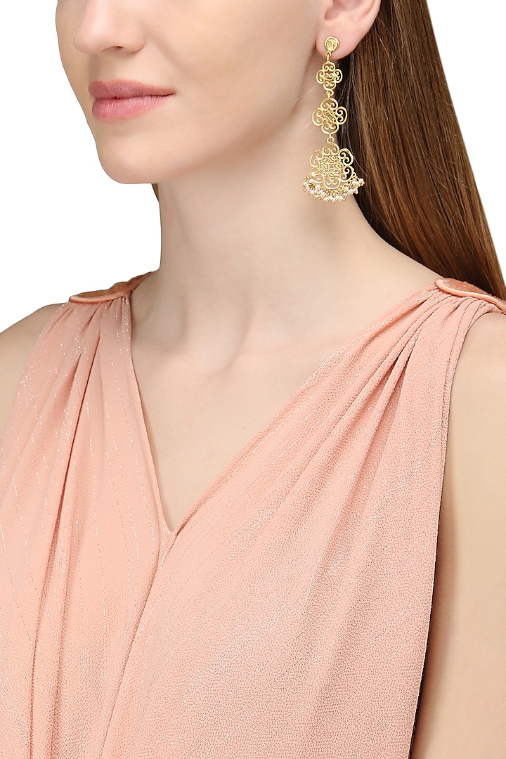 Gold Plated Long Pearl Bead Earrings by Zariin