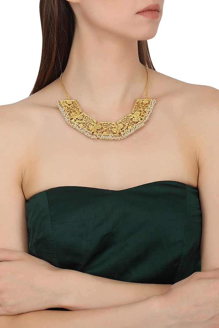 Gold Plated Filigree Pearl Hangings Necklace by Zariin