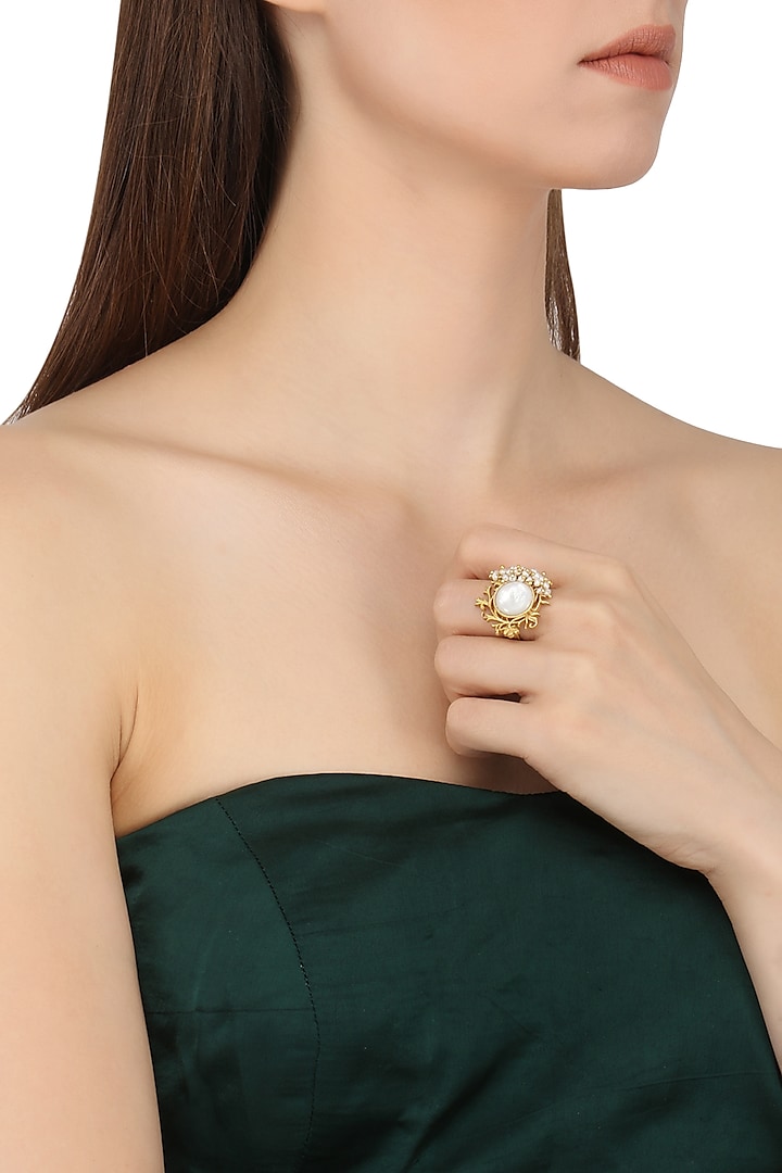 Gold Plated Filigree Mother Of Pearl Ring by Zariin