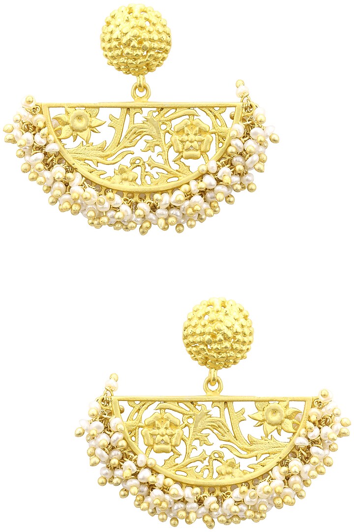 Gold plated half moon drop filigree pearl earrings available only at Pernia's Pop Up Shop.