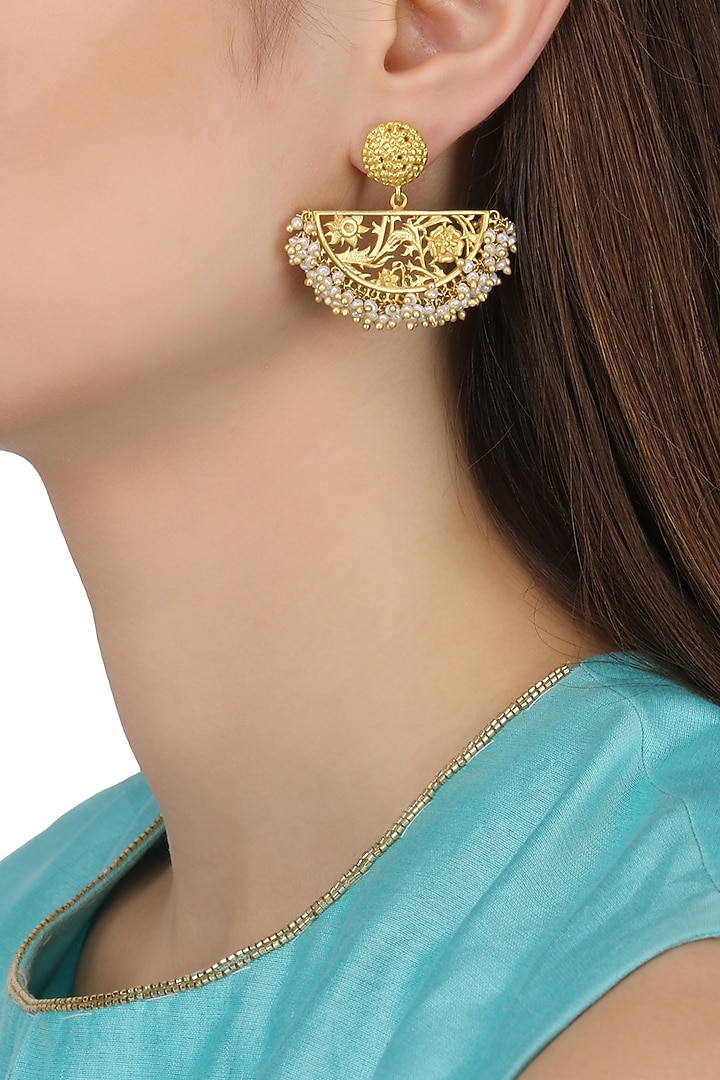 Gold plated half moon drop filigree pearl earrings available only at Pernia's Pop Up Shop.