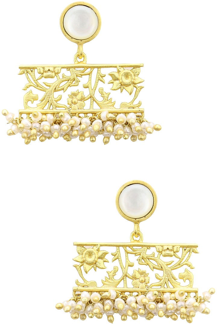 Gold plated filigree mother of pearl drop earrings available only at Pernia's Pop Up Shop.