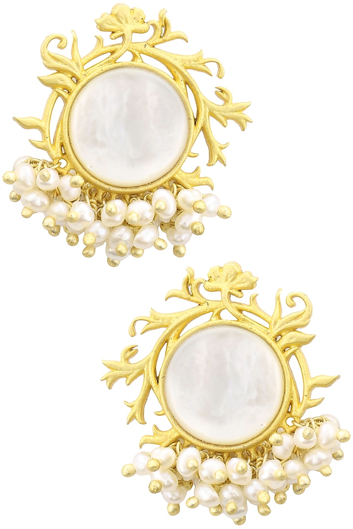Gold plated filigree mother of pearl stud earrings available only at Pernia's Pop Up Shop.