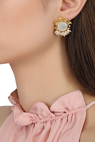 Gold Plated Filigree Mother Of Pearl Stud Earrings by Zariin