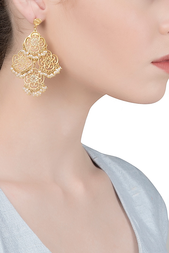 Gold Plated Silver and Pearl Beads Earrings by Zariin