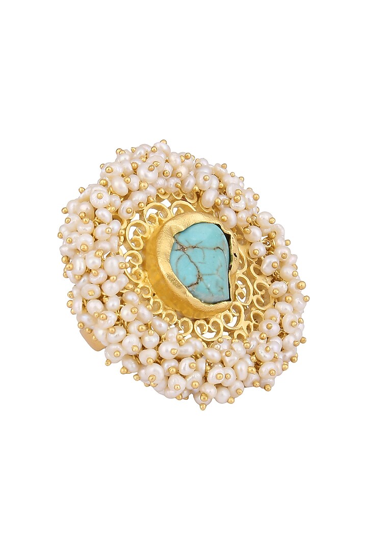 Zariin presents Gold plated turquoise gemstone and pearl beads ring available only at Pernia's Pop Up Shop.