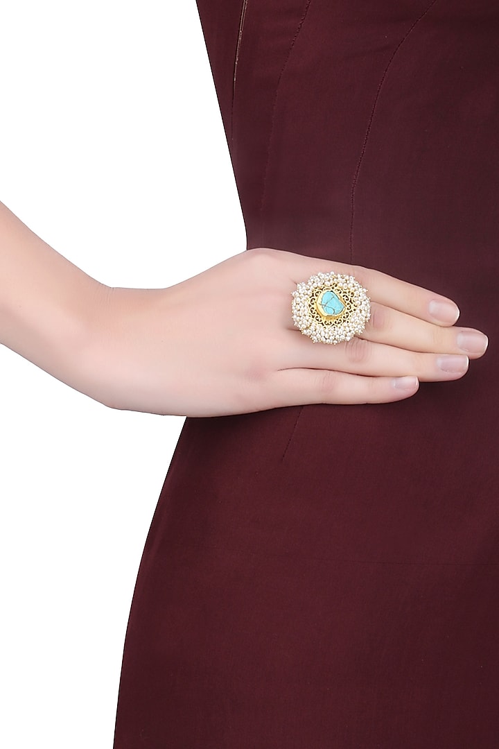 Gold Plated Turquoise Gemstone and Pearl Beads Ring by Zariin