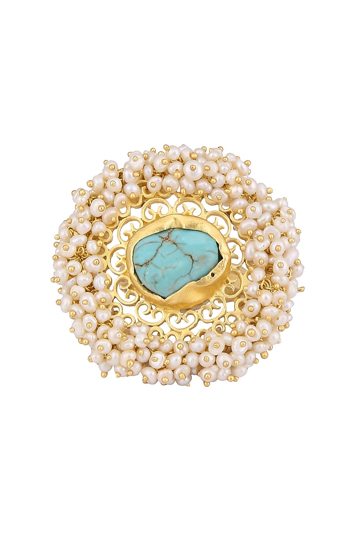 Zariin presents Gold plated turquoise gemstone and pearl beads ring available only at Pernia's Pop Up Shop.