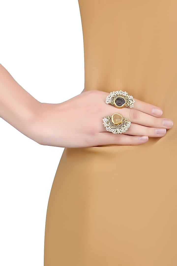Gold Plated Citrine and Smoky Topaz Double Finger Ring by Zariin