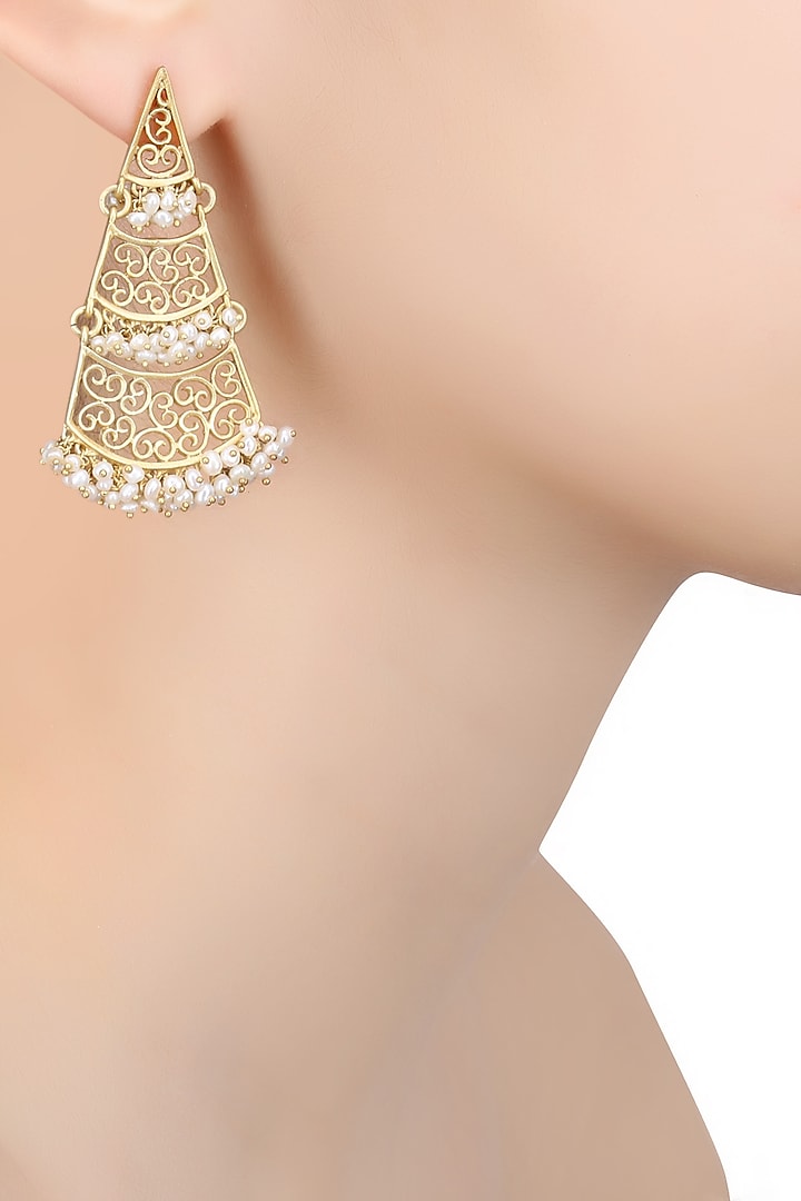 Gold Plated Triangular Filigree Design Earrings by Zariin