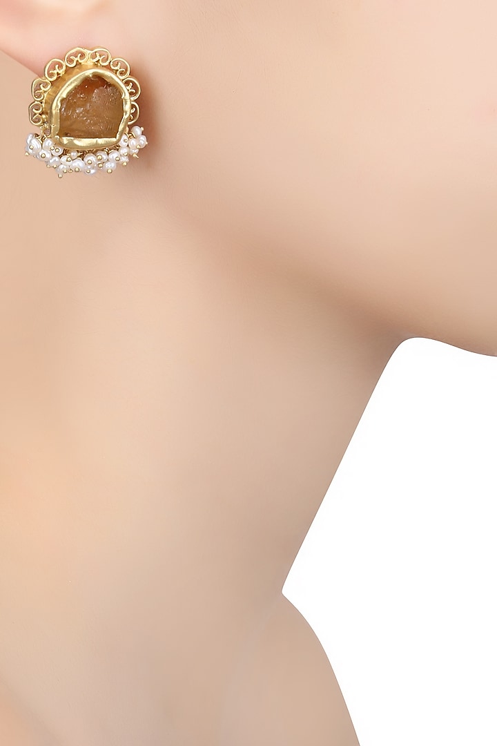 Gold Plated Citrine Stud Earrings by Zariin