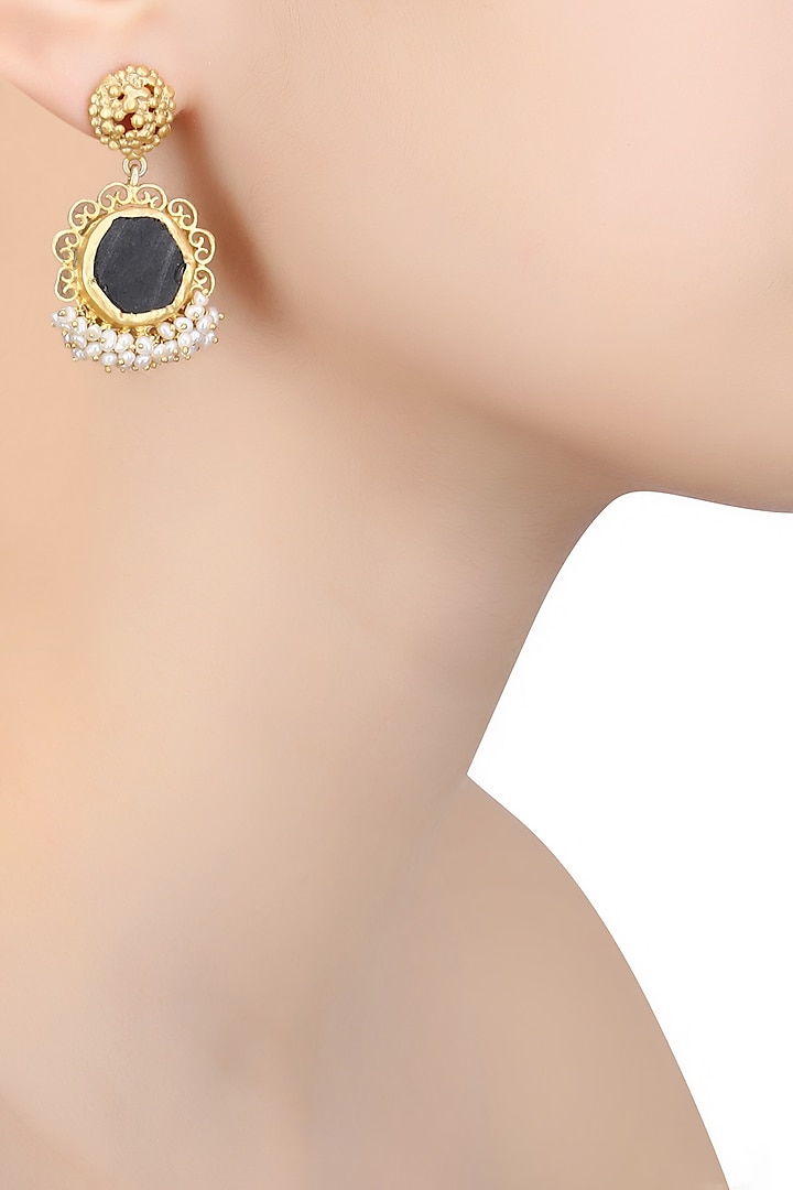 Gold Plated Black Onyx Ruff Earrings by Zariin