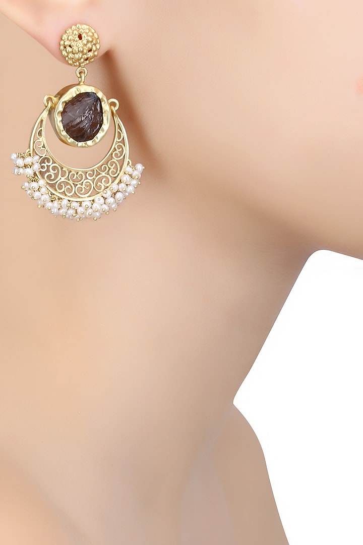 Zariin presents Gold plated smoky topaz and pearl crescent earrings available only at Pernia's Pop Up Shop.