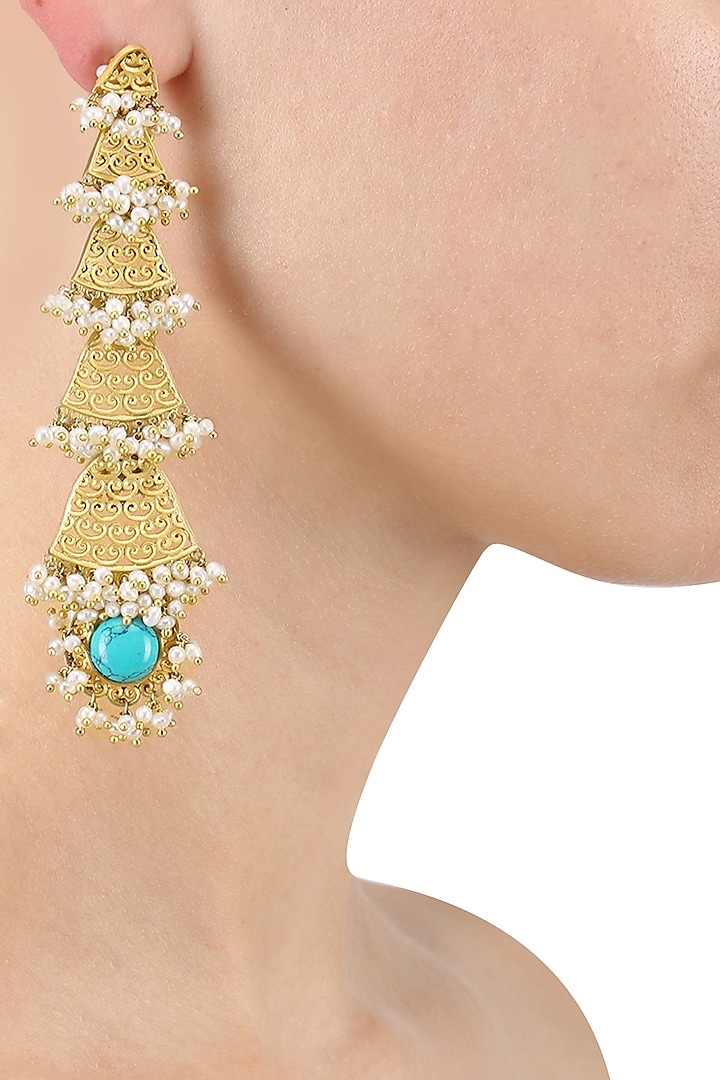 Gold Plated Pearls and Turquoise Stone Long Earrings by Zariin