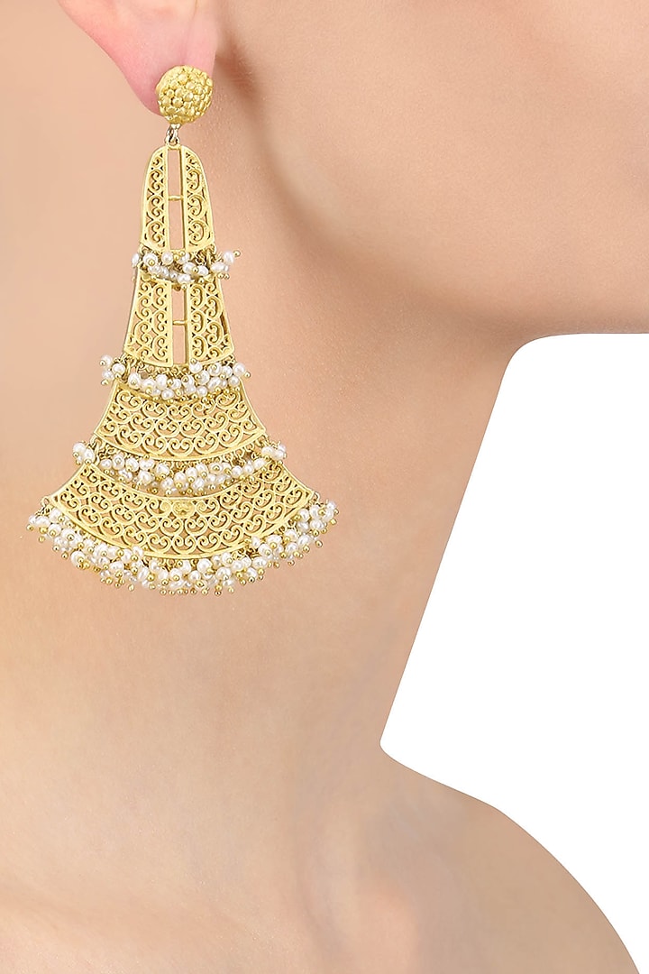 Gold Plated Pearls Oversized Earrings by Zariin