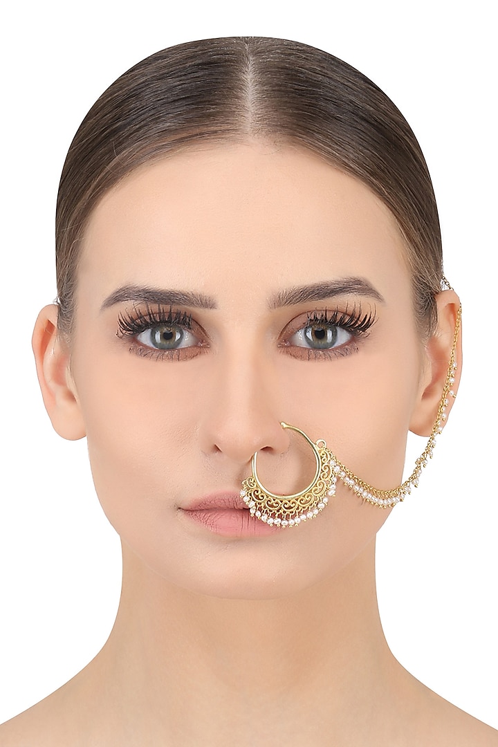 Gold Plated Pearls Hanging Nose Ring/Nath by Zariin