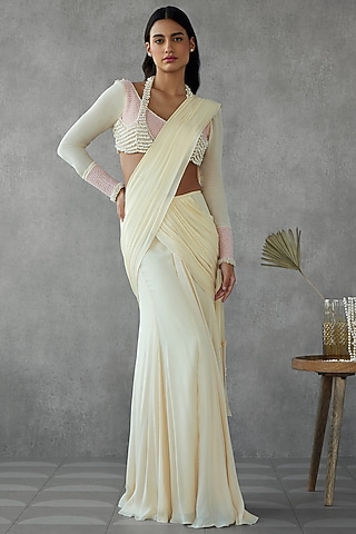Cream Crepe Georgette Draped Saree Set by Zamoraa The Label