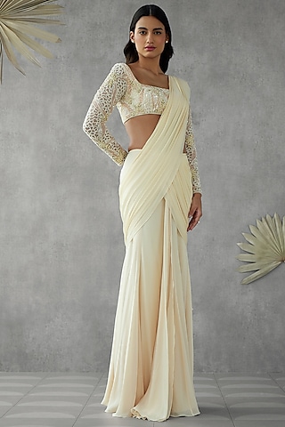 Cream Crepe Georgette Draped Saree Set by Zamoraa The Label