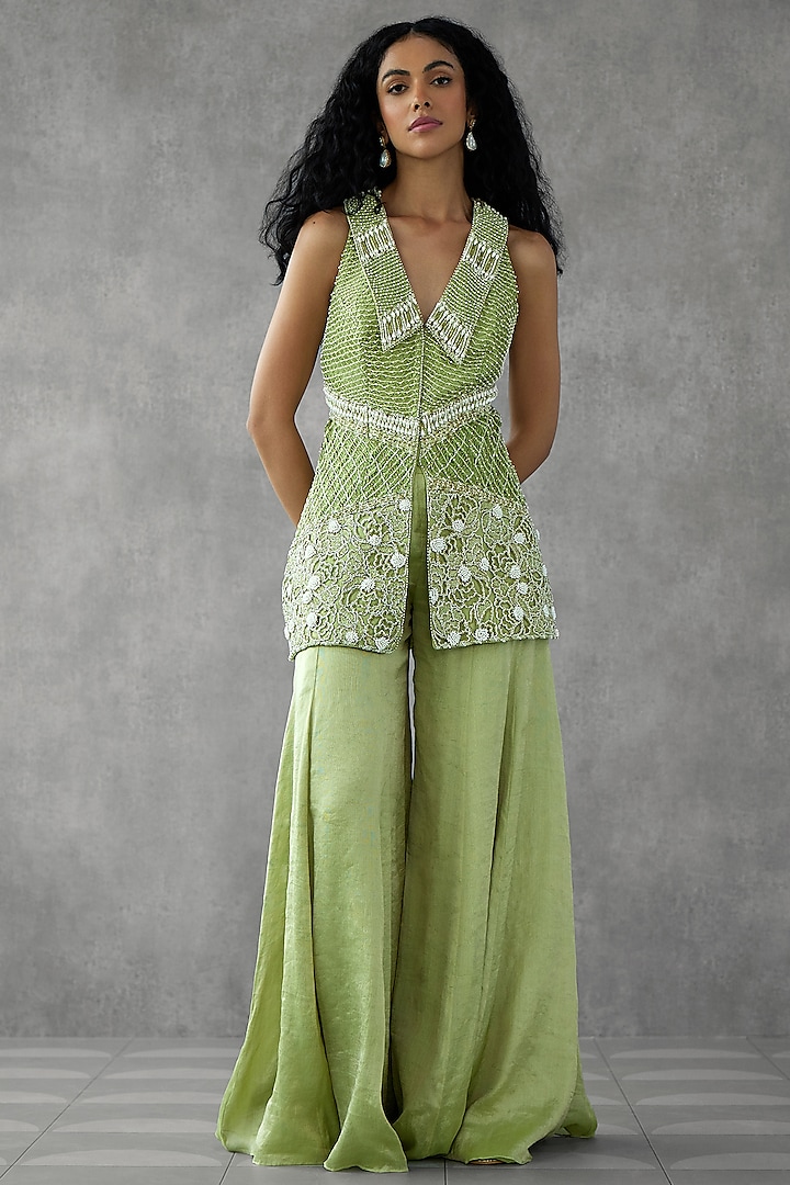 Green Tulle Embroidered Jacket Set by Zamoraa The Label