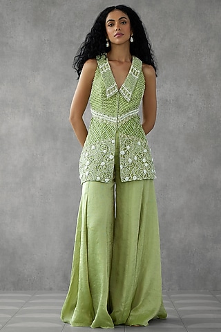 Green Tulle Embroidered Jacket Set by Zamoraa The Label