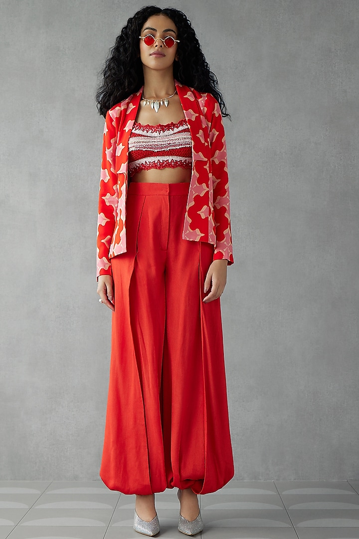Tomato Red Georgette Digital Printed Jacket Set by Zamoraa The Label