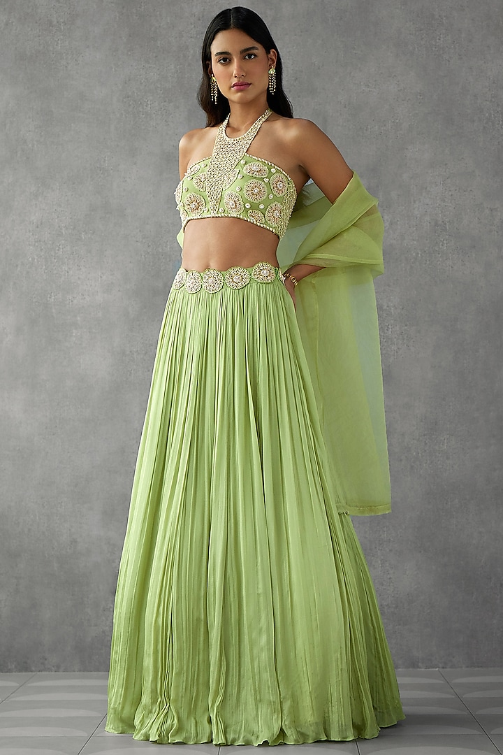 Green Crepe Georgette Embroidered Lehenga Set by Zamoraa The Label