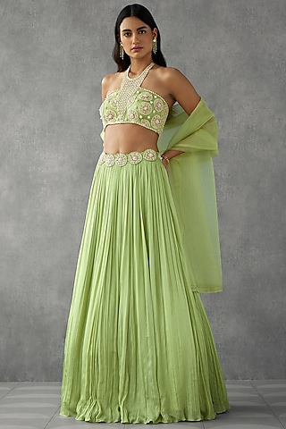Green Crepe Georgette Embroidered Lehenga Set by Zamoraa The Label