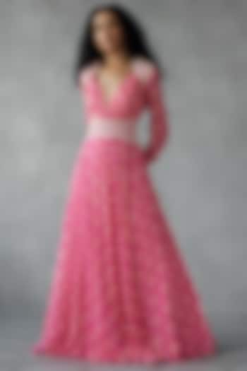 Pink Georgette Digital Printed & Embroidered Anarkali by Zamoraa The Label