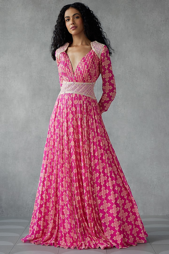 Pink Georgette Digital Printed & Embroidered Anarkali by Zamoraa The Label