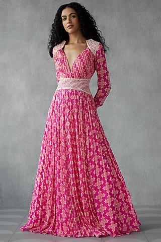 Pink Georgette Digital Printed & Embroidered Anarkali by Zamoraa The Label