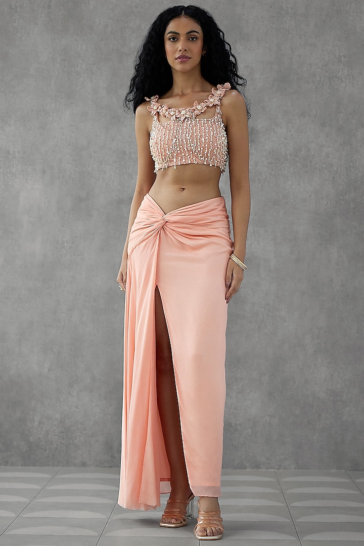 Blush Pink Crepe Georgette Draped Skirt Set by Zamoraa The Label