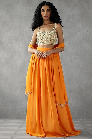 Saffron Orange Crepe Georgette Lehenga Set by Zamoraa The Label