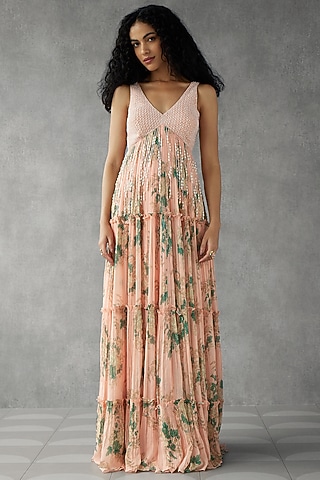 Blush Pink Georgette Digital Printed & Embroidered Anarkali by Zamoraa The Label