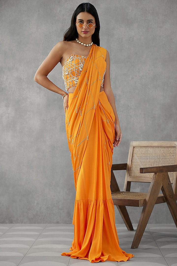 Saffron Orange Crepe Georgette Embroidered Draped Saree Set by Zamoraa The Label
