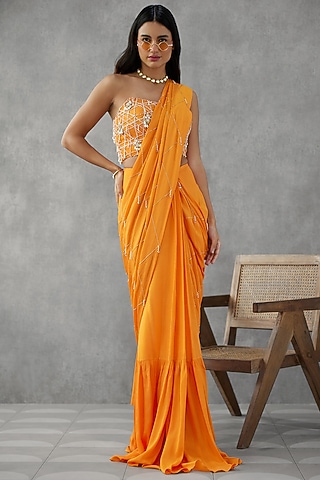 Saffron Orange Crepe Georgette Embroidered Draped Saree Set by Zamoraa The Label