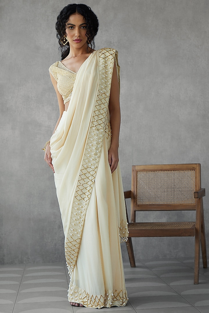 Ivory Crepe Georgette Embroidered Saree Set by Zamoraa The Label